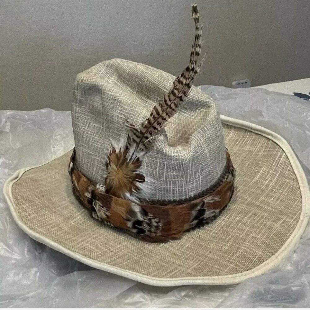 Vintage 1980s Waxed Linen Cowboy Rain Hat Western  Never Worn  Feather Accent - Picture 7 of 9